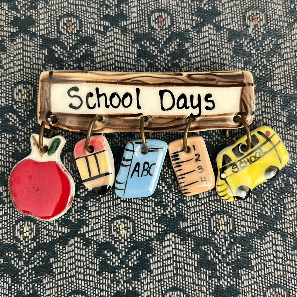 Vintage Artwork School Days Ceramic Brooch. 5 Charms, Functional pin, pre-owned
